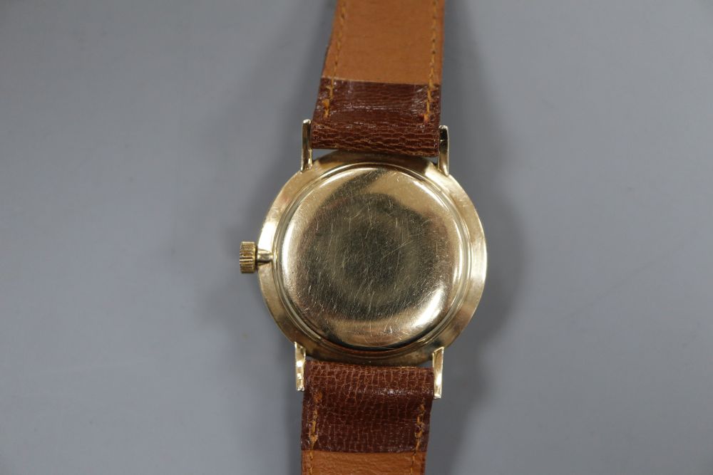 A gentlemans 18k gold filled Longines automatic mystery dial wrist watch, on later associated leather strap.